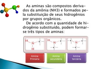 As aminas são compostos deriva-
dos da amônia (NH3) e formados pe-
la substituição de seus hidrogênios
por grupos orgânicos.
De acordo com a quantidade de hi-
drogênio substituído, podem formar-
se três tipos de aminas:
 