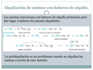 Alquilación de aminas con haluros de alquilo.
Las aminas reaccionan con haluros de alquilo primarios para
dar lugar a haluros de amonio alquilados.
La polialquilación es un problemas cuando se alquilan las
aminas a través de este método.
 