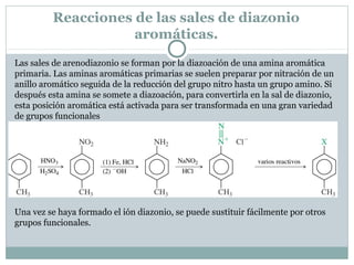 Reacciones de las sales de diazonio
aromáticas.
Las sales de arenodiazonio se forman por la diazoación de una amina aromática
primaria. Las aminas aromáticas primarias se suelen preparar por nitración de un
anillo aromático seguida de la reducción del grupo nitro hasta un grupo amino. Si
después esta amina se somete a diazoación, para convertirla en la sal de diazonio,
esta posición aromática está activada para ser transformada en una gran variedad
de grupos funcionales
Una vez se haya formado el ión diazonio, se puede sustituir fácilmente por otros
grupos funcionales.
 