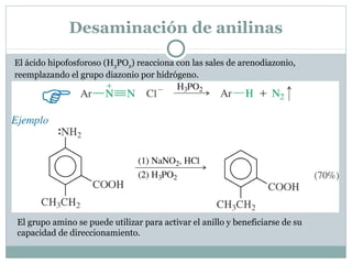 Desaminación de anilinas
El ácido hipofosforoso (H3PO2) reacciona con las sales de arenodiazonio,
reemplazando el grupo diazonio por hidrógeno.
El grupo amino se puede utilizar para activar el anillo y beneficiarse de su
capacidad de direccionamiento.
 