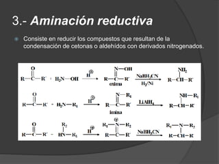 3.- Aminación reductiva
 Consiste en reducir los compuestos que resultan de la
condensación de cetonas o aldehídos con derivados nitrogenados.
 