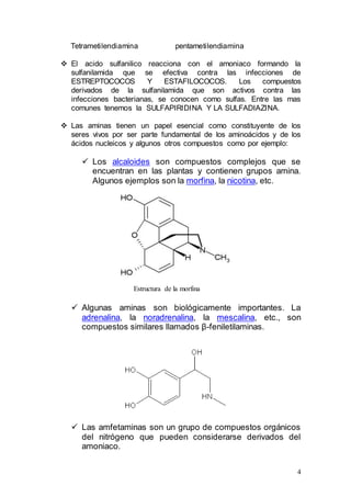 4
Tetrametilendiamina pentametilendiamina
 El acido sulfanilico reacciona con el amoniaco formando la
sulfanilamida que se efectiva contra las infecciones de
ESTREPTOCOCOS Y ESTAFILOCOCOS. Los compuestos
derivados de la sulfanilamida que son activos contra las
infecciones bacterianas, se conocen como sulfas. Entre las mas
comunes tenemos la SULFAPIRIDINA Y LA SULFADIAZINA.
 Las aminas tienen un papel esencial como constituyente de los
seres vivos por ser parte fundamental de los aminoácidos y de los
ácidos nucleicos y algunos otros compuestos como por ejemplo:
 Los alcaloides son compuestos complejos que se
encuentran en las plantas y contienen grupos amina.
Algunos ejemplos son la morfina, la nicotina, etc.
Estructura de la morfina
 Algunas aminas son biológicamente importantes. La
adrenalina, la noradrenalina, la mescalina, etc., son
compuestos similares llamados β-feniletilaminas.
 Las amfetaminas son un grupo de compuestos orgánicos
del nitrógeno que pueden considerarse derivados del
amoniaco.
 