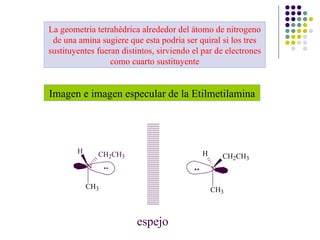 La geometria tetrahédrica alrededor del átomo de nitrogeno de una amina sugiere que esta podria ser quiral si los tres sustituyentes fueran distintos, sirviendo el par de electrones como cuarto sustituyente Imagen e imagen especular de la Etilmetilamina 