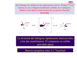 Sin embargo las aminas no son opticamente activas. Porque??? Las aminas no son configuracionalmente estables en el nitrogeno, debido a una rápida isomerización por un proceso llamado  inversion Barrera energética entre 5 y 7 kcal/mol La inversion del nitrógeno rápidamente interconvierte a los dos enantiómeros. El compuesto no exhibe actividad optica 