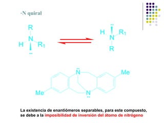 N quiral La existencia de enantiómeros separables, para este compuesto, se debe a la  imposibilidad de inversión del átomo de nitrógeno 