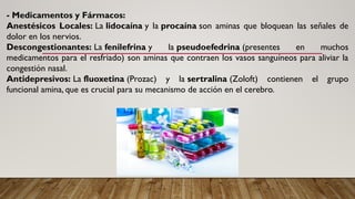 - Medicamentos y Fármacos:
Anestésicos Locales: La lidocaína y la procaína son aminas que bloquean las señales de
dolor en los nervios.
Descongestionantes: La fenilefrina y la pseudoefedrina (presentes en muchos
medicamentos para el resfriado) son aminas que contraen los vasos sanguíneos para aliviar la
congestión nasal.
Antidepresivos: La fluoxetina (Prozac) y la sertralina (Zoloft) contienen el grupo
funcional amina, que es crucial para su mecanismo de acción en el cerebro.
 