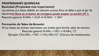 PROPIEDADES QUÍMICAS
Basicidad (Propiedad más importante):
Las aminas son bases débiles en solución acuosa. Esto se debe a que el par de
electrones libres en el átomo de nitrógeno puede aceptar un protón (H ).
⁺
Reacción general: R-NH + H O R-NH + OH
₂ ₂ ⇌ ₃⁺ ⁻
Formación de Sales de Amonio:
Al ser bases, las aminas reaccionan con ácidos para formar sales de amonio.
Reacción general: R-NH + HCl R-NH Cl
₂ ₃⁺ ⁻
→
Ejemplo: CH -NH + HCl CH -NH Cl (Cloruro de metilamonio).
₃ ₂ ₃ ₃⁺ ⁻
→
 