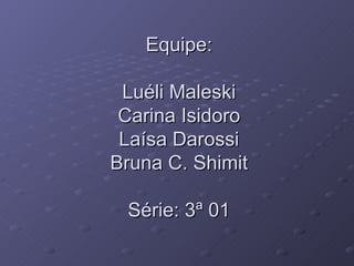 Equipe: Luéli Maleski Carina Isidoro Laísa Darossi Bruna C. Shimit Série: 3ª 01 