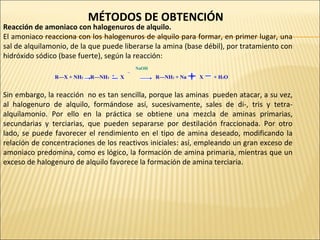 MÉTODOS DE OBTENCIÓN

Reacción de amoniaco con halogenuros de alquilo.
El amoniaco reacciona con los halogenuros de alquilo para formar, en primer lugar, una
sal de alquilamonio, de la que puede liberarse la amina (base débil), por tratamiento con
hidróxido sódico (base fuerte), según la reacción:
NaOH

R—X + NH3

R—NH3

X

R—NH2 + Na

X

+ H2O

Sin embargo, la reacción no es tan sencilla, porque las aminas pueden atacar, a su vez,
al halogenuro de alquilo, formándose así, sucesivamente, sales de di-, tris y tetraalquilamonio. Por ello en la práctica se obtiene una mezcla de aminas primarias,
secundarias y terciarias, que pueden separarse por destilación fraccionada. Por otro
lado, se puede favorecer el rendimiento en el tipo de amina deseado, modificando la
relación de concentraciones de los reactivos iniciales: así, empleando un gran exceso de
amoniaco predomina, como es lógico, la formación de amina primaria, mientras que un
exceso de halogenuro de alquilo favorece la formación de amina terciaria.

 