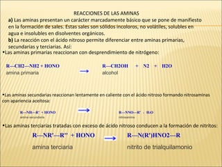 REACCIONES DE LAS AMINAS
a) Las aminas presentan un carácter marcadamente básico que se pone de manifiesto
en la formación de sales. Estas sales son sólidos incoloros, no volátiles, solubles en
agua e insolubles en disolventes orgánicos.
b) La reacción con el ácido nitroso permite diferenciar entre aminas primarias,
secundarias y terciarias. Así:
•Las aminas primarias reaccionan con desprendimiento de nitrógeno:
R—CH2—NH2 + HONO
amina primaria

R—CH2OH
alcohol

+ N2 + H2O

•Las aminas secundarias reaccionan lentamente en caliente con el ácido nitroso formando nitrosaminas
con apariencia aceitosa:
R—NH—R' + HONO

R—NNO—R'

amina secundaria

nitrosamina

+

H2O

•Las aminas terciarias tratadas con exceso de ácido nitroso conducen a la formación de nitritos:

R—NR'—R'' + HONO

R—N(R')HNO2—R

amina terciaria

nitrito de trialquilamonio

 