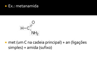  Ex.: metanamida
 met (um C na cadeia principal) + an (ligações
simples) + amida (sufixo)
 