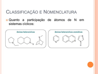 CLASSIFICAÇÃO E NOMENCLATURA
 Quanto a participação de átomos de N em
sistemas cíclicos:
 