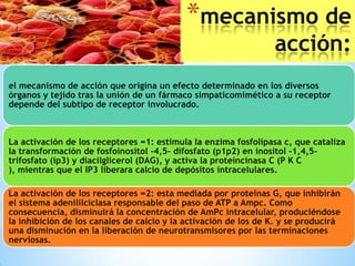 *mecanismo de
acción:

el mecanismo de acción que origina un efecto determinado en los diversos
órganos y tejido tras la unión de un fármaco simpaticomimético a su receptor
depende del subtipo de receptor involucrado.

La activación de los receptores ∞1: estimula la enzima fosfolipasa c, que cataliza
la transformación de fosfoinositol -4,5- difosfato (p1p2) en inositol -1,4,5trifosfato (ip3) y diacilglicerol (DAG), y activa la proteincinasa C (P K C
), mientras que el IP3 liberara calcio de depósitos intracelulares.

La activación de los receptores ∞2: esta mediada por proteinas G, que inhibirán
el sistema adenililciclasa responsable del paso de ATP a Ampc. Como
consecuencia, disminuirá la concentración de AmPc intracelular, produciéndose
la inhibición de los canales de calcio y la activación de los de K. y se producirá
una disminución en la liberación de neurotransmisores por las terminaciones
nerviosas.

 