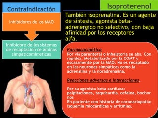 Inhibidores de los MAO

Inhibidore de los sistemas
de recaptacion de aminas
simpaticomimeticas

También isoprenalina. Es un agente
de síntesis, agonista betaadrenergico no selectivo, con baja
afinidad por los receptores
alfa.receptores alfa.
Farmacocinética

Por vía parenteral o inhalatoria se abs. Con
rapidez. Metabolizado por la COMT y
escasamente por la MAO. No es recaptado
en las neuronas simpáticas como la
adrenalina y la noradrenalina.
Reacciones adversas e interacciones.
Por su agonista beta cardíaca:
palpitaciones, taquicardia, cefalea, bochor
nos
En paciente con historia de coronariopatía:
isquemia miocárdicas y arritmias.

 