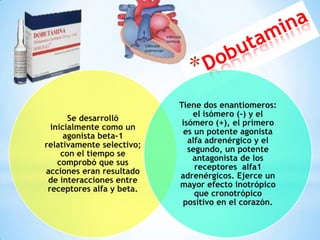 Se desarrolló
inicialmente como un
agonista beta-1
relativamente selectivo;
con el tiempo se
comprobó que sus
acciones eran resultado
de interacciones entre
receptores alfa y beta.

Tiene dos enantiomeros:
el isómero (-) y el
isómero (+), el primero
es un potente agonista
alfa adrenérgico y el
segundo, un potente
antagonista de los
receptores alfa1
adrenérgicos. Ejerce un
mayor efecto inotrópico
que cronotrópico
positivo en el corazón.

 