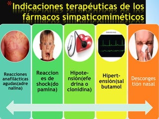 *Indicaciones terapéuticas de los
fármacos simpaticomiméticos

Reacciones
anafilácticas
agudas(adre
nalina)

Reaccion
es de
shock(do
pamina)

Hipotensión(efe
drina o
clonidina)

Hipertensión(sal
butamol

Desconges
tión nasal

 