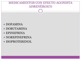 MEDICAMENTOS CON EFECTO AGONISTA
ADRENÉRGICO
 DOPAMINA
 DOBUTAMINA
 EPINEFRINA
 NOREPINEFRINA
 ISOPROTERENOL
 