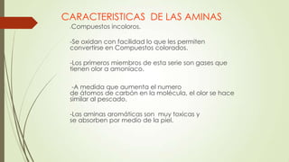 CARACTERISTICAS DE LAS AMINAS
-Compuestos incoloros.
-Se oxidan con facilidad lo que les permiten
convertirse en Compuestos colorados.
-Los primeros miembros de esta serie son gases que
tienen olor a amoniaco.
-A medida que aumenta el numero
de átomos de carbón en la molécula, el olor se hace
similar al pescado.
-Las aminas aromáticas son muy toxicas y
se absorben por medio de la piel.
 