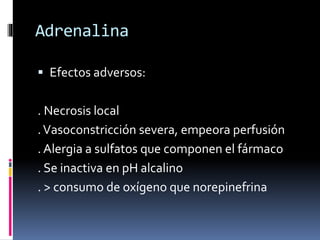 Adrenalina
 Efectos adversos:
. Necrosis local
.Vasoconstricción severa, empeora perfusión
. Alergia a sulfatos que componen el fármaco
. Se inactiva en pH alcalino
. > consumo de oxígeno que norepinefrina
 