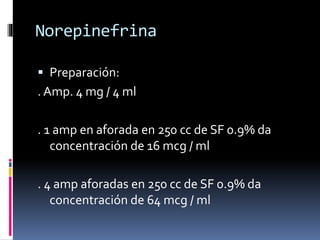 Norepinefrina
 Preparación:
. Amp. 4 mg / 4 ml
. 1 amp en aforada en 250 cc de SF 0.9% da
concentración de 16 mcg / ml
. 4 amp aforadas en 250 cc de SF 0.9% da
concentración de 64 mcg / ml
 