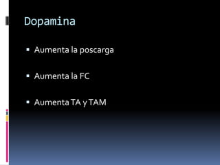Dopamina
 Aumenta la poscarga
 Aumenta la FC
 AumentaTA yTAM
 