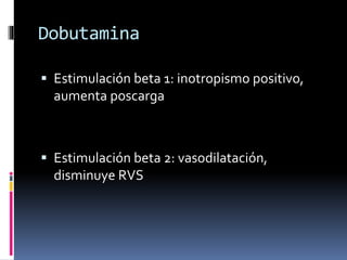 Dobutamina
 Estimulación beta 1: inotropismo positivo,
aumenta poscarga
 Estimulación beta 2: vasodilatación,
disminuye RVS
 