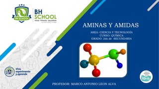 PROFESOR: MARCO ANTONIO LEON ALVA
AMINAS Y AMIDAS
AREA: CIENCIA Y TECNOLOGÍA
CURSO: QUÍMICA
GRADO: 2do de SECUNDARIA
 