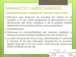 FARMACOS Y MEDICAMENTOS
Verapamilo (Manidon, Manidon HTA, Manidon retard, Tarka)
 Fármaco que bloquea los canales de calcio en el
corazón y en los vasos sanguíneos lo que produce una
disminución del ritmo cardíaco y de la presión arterial
relajando la musculatura de los vasos sanguíneos.
 Vasodilatación.
 Disminuye la contractibilidad del músculo cardíaco y
retrasa la conductividad cardíaca (acción arrítmica).
 La dosis inicial es de 2.5 a 5 mg. administrados IV durante
2 minutos. Si no hay respuesta terapéutica se pueden
repetir Dosis de 5-10 mg. cada 15-30 minutos, hasta una
DOSIS MÁXIMA de 20 mg.
 