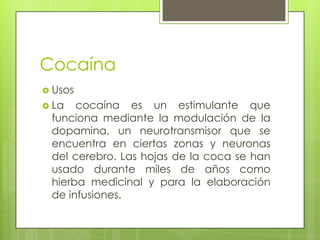 Cocaína
 Usos
 La cocaína es un estimulante que
funciona mediante la modulación de la
dopamina, un neurotransmisor que se
encuentra en ciertas zonas y neuronas
del cerebro. Las hojas de la coca se han
usado durante miles de años como
hierba medicinal y para la elaboración
de infusiones.
 