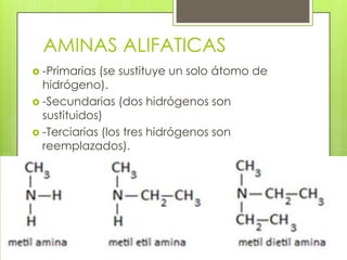 AMINAS ALIFATICAS
 -Primarias (se sustituye un solo átomo de
hidrógeno).
 -Secundarias (dos hidrógenos son
sustituidos)
 -Terciarias (los tres hidrógenos son
reemplazados).
 