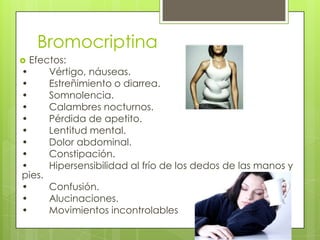 Bromocriptina
 Efectos:
• Vértigo, náuseas.
• Estreñimiento o diarrea.
• Somnolencia.
• Calambres nocturnos.
• Pérdida de apetito.
• Lentitud mental.
• Dolor abdominal.
• Constipación.
• Hipersensibilidad al frío de los dedos de las manos y
pies.
• Confusión.
• Alucinaciones.
• Movimientos incontrolables
 