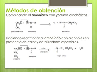 Métodos de obtención
Combinando al amoníaco con yoduros alcohólicos.
Haciendo reaccionar al amoníaco con alcoholes en
presencia de calor y catalizadores especiales.
 