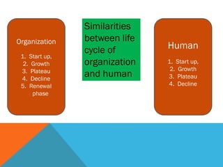Organization
1. Start up,
2. Growth
3. Plateau
4. Decline
5. Renewal
phase
Human
1. Start up,
2. Growth
3. Plateau
4. Decline
Similarities
between life
cycle of
organization
and human
