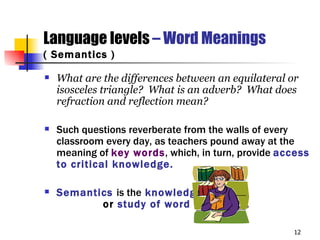 Language levels – Word Meanings
( Semantics )

   What are the differences between an equilateral or
    isosceles triangle? What is an adverb? What does
    refraction and reflection mean?

   Such questions reverberate from the walls of every
    classroom every day, as teachers pound away at the
    meaning of key words, which, in turn, provide access
    to critical knowledge.

   Semantics is the knowledge
           or study of word meanings.

                                                     12
 