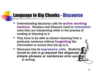 Language in Big Chunks - Discourse
   Understanding discourse calls for active working
    memory. Readers and listeners need to remember
    what they are interpreting while in the process of
    reading or listening to it.
   They have to be able to extract meaning from a
    particular sentence without forgetting the
    information or events that led up to it.
   Discourse has its expressive side. Students
    should be able to go beyond the dispersal of
    simple phrases or sentences while speaking
        or writing.


                                                    23
 