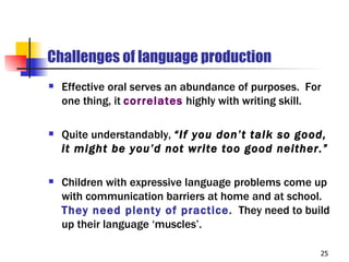 Challenges of language production
   Effective oral serves an abundance of purposes. For
    one thing, it correlates highly with writing skill.

   Quite understandably, “If you don’t talk so good,
    it might be you’d not write too good neither.”

   Children with expressive language problems come up
    with communication barriers at home and at school.
    They need plenty of practice. They need to build
    up their language ‘muscles’.

                                                      25
 