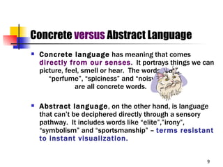 Concrete versus Abstract Language
   Concrete language has meaning that comes
    directly from our senses. It portrays things we can
    picture, feel, smell or hear. The words “cat”,
       “perfume”, “spiciness” and “noisy”
                are all concrete words.

   Abstract language, on the other hand, is language
    that can’t be deciphered directly through a sensory
    pathway. It includes words like “elite”,”irony”,
    “symbolism” and “sportsmanship” – terms resistant
    to instant visualization.


                                                     9
 