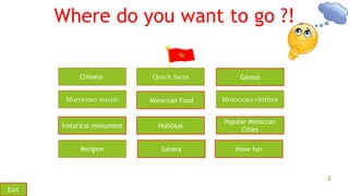 Where do you want to go ?! 
2 
Quick facts 
Climate 
Moroccan music Moroccan clothes 
Holidays 
Games 
Moroccan Food 
hist...