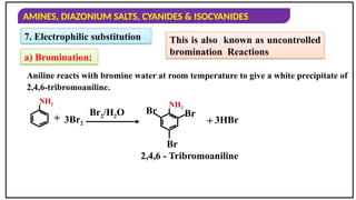 AMINES, DIAZONIUM SALTS, CYANIDES & ISOCYANIDES
7. Electrophilic substitution
a) Bromination:
This is also known as uncontrolled
bromination Reactions
Aniline reacts with bromine water at room temperature to give a white precipitate of
2,4,6-tribromoaniline.
NH2
+ 3Br2
Br2/H2O
NH2
Br
Br Br
+ 3HBr
2,4,6 - Tribromoaniline
 