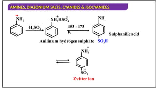 AMINES, DIAZONIUM SALTS, CYANIDES & ISOCYANIDES
H2SO4
453 - 473
K
+
-
+ -
NH3HSO4
NH2
SO3H
NH3
SO3
Anilinium hydrogen sulphate
Sulphanilic acid
Zwitter ion
NH2
..
 