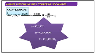 AMINES, DIAZONIUM SALTS, CYANIDES & ISOCYANIDES
CONVERSIONS
:
(i) C6H5N2Cl
CuCN
A
H2O/H+
B
NH3
 C
A = C6H5CN
B = C6H5COOH
C = C6H5CONH2
 