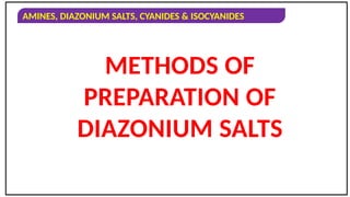 AMINES, DIAZONIUM SALTS, CYANIDES & ISOCYANIDES
METHODS OF
PREPARATION OF
DIAZONIUM SALTS
 