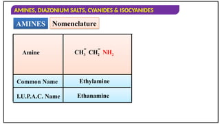 AMINES, DIAZONIUM SALTS, CYANIDES & ISOCYANIDES
AMINES Nomenclature
Amine
Common Name
I.U.P.A.C. Name
CH3  CH2  NH2
Ethylamine
Ethanamine
 