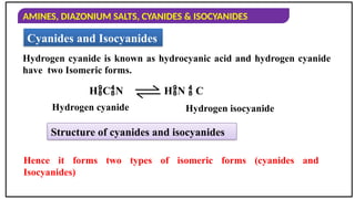 AMINES, DIAZONIUM SALTS, CYANIDES & ISOCYANIDES
Cyanides and Isocyanides
Hydrogen cyanide is known as hydrocyanic acid and hydrogen cyanide
have two Isomeric forms.
HCN HN  C
Hydrogen isocyanide
Hydrogen cyanide
Structure of cyanides and isocyanides
Hence it forms two types of isomeric forms (cyanides and
Isocyanides)
 