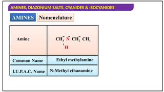 AMINES, DIAZONIUM SALTS, CYANIDES & ISOCYANIDES
AMINES Nomenclature
Amine
Common Name
I.U.P.A.C. Name
Ethyl methylamine
N-Methyl ethanamine
CH3  N  CH2  CH3

H
 