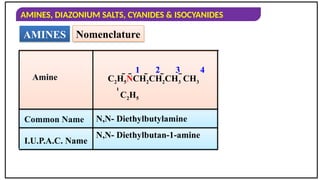 AMINES, DIAZONIUM SALTS, CYANIDES & ISOCYANIDES
AMINES Nomenclature
Amine
Common Name
I.U.P.A.C. Name
N,N- Diethylbutylamine
N,N- Diethylbutan-1-amine
C2H5NCH2CH2CH3 CH3

C2H5
1 2 3 4
 