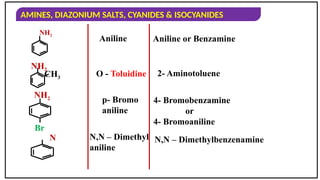 AMINES, DIAZONIUM SALTS, CYANIDES & ISOCYANIDES
NH2
NH2
CH3
Aniline Aniline or Benzamine
O - Toluidine 2- Aminotoluene
NH2
Br
N
p- Bromo
aniline
N,N – Dimethyl
aniline
4- Bromobenzamine
or
4- Bromoaniline
N,N – Dimethylbenzenamine
 