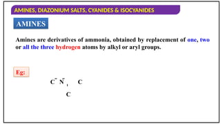 AMINES, DIAZONIUM SALTS, CYANIDES & ISOCYANIDES
AMINES
Amines are derivatives of ammonia, obtained by replacement of one, two
or all the three hydrogen atoms by alkyl or aryl groups.
Eg:
 N 

C
C
C
 
