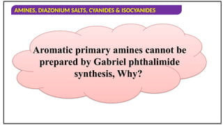 AMINES, DIAZONIUM SALTS, CYANIDES & ISOCYANIDES
Aromatic primary amines cannot be
prepared by Gabriel phthalimide
synthesis, Why?
 