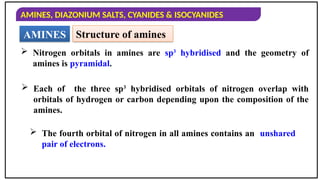 AMINES, DIAZONIUM SALTS, CYANIDES & ISOCYANIDES
AMINES Structure of amines
 Nitrogen orbitals in amines are sp3
hybridised and the geometry of
amines is pyramidal.
 Each of the three sp3
hybridised orbitals of nitrogen overlap with
orbitals of hydrogen or carbon depending upon the composition of the
amines.
 The fourth orbital of nitrogen in all amines contains an unshared
pair of electrons.
 